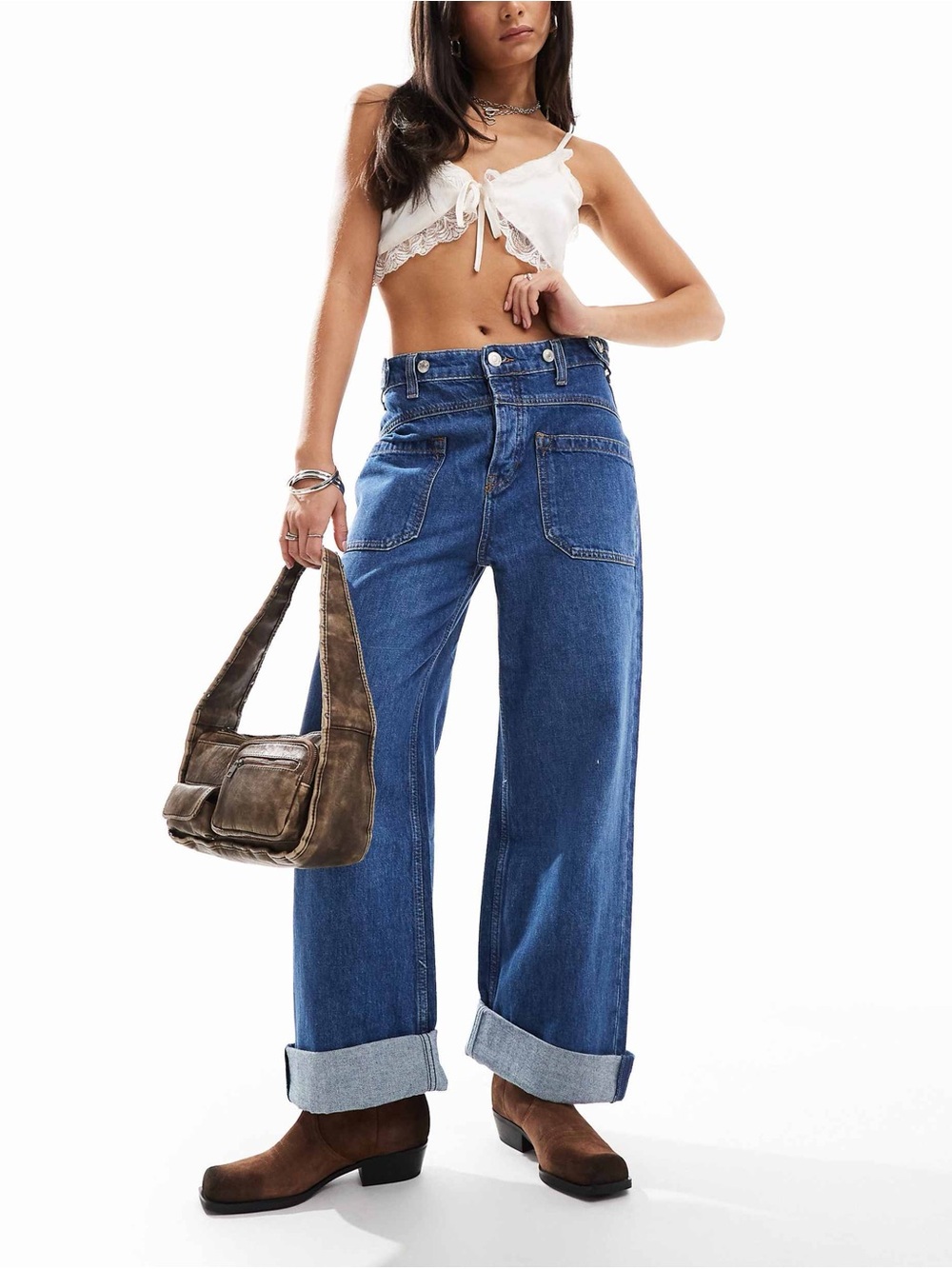 NWT Free People We the Free Mid rise Baggy Jeans with Front Pocket in blue Sz 28